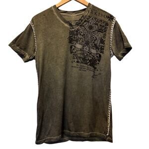 Raw State Premium Mens Olive Green V-Neck Graphic Short Sleeve T-Shirts Sz Small